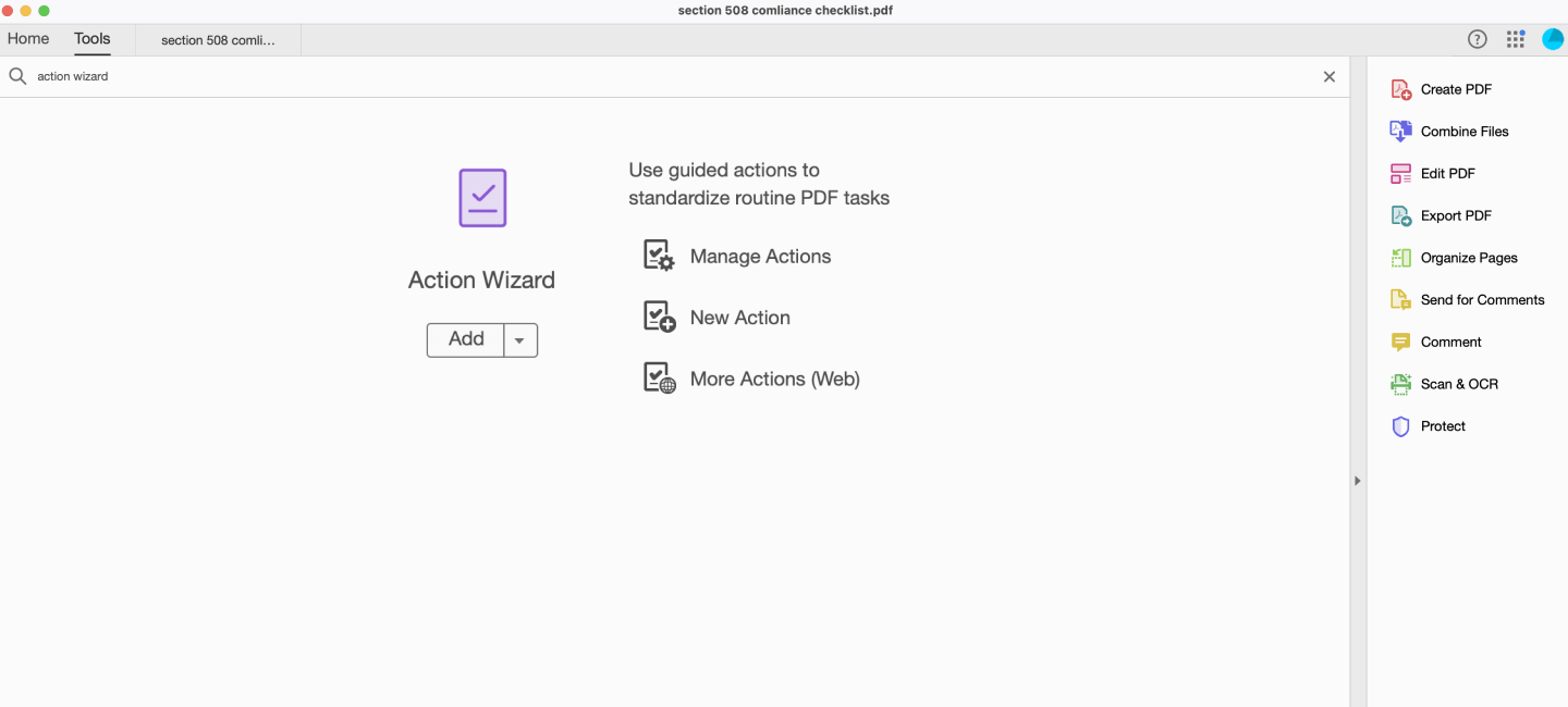 Screenshot of search results for &lsquo;Action Wizard&rsquo; in the &lsquo;Tools&rsquo; tab.